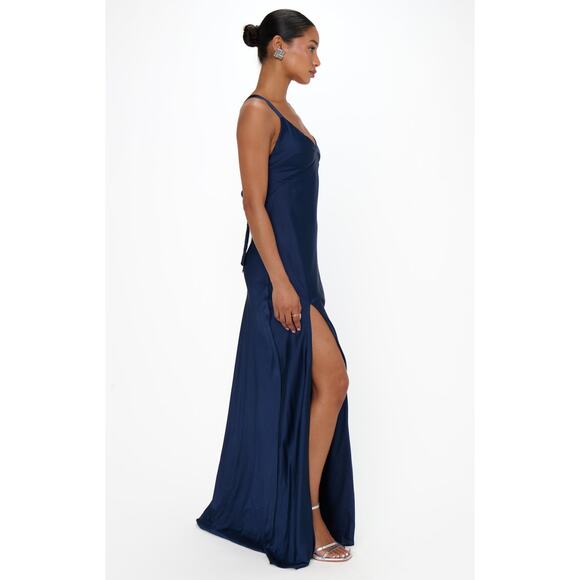 Show Me Your Mumu Anderson Maxi Dress in Midnight Navy Luxe Satin XXS - Picture 3 of 7